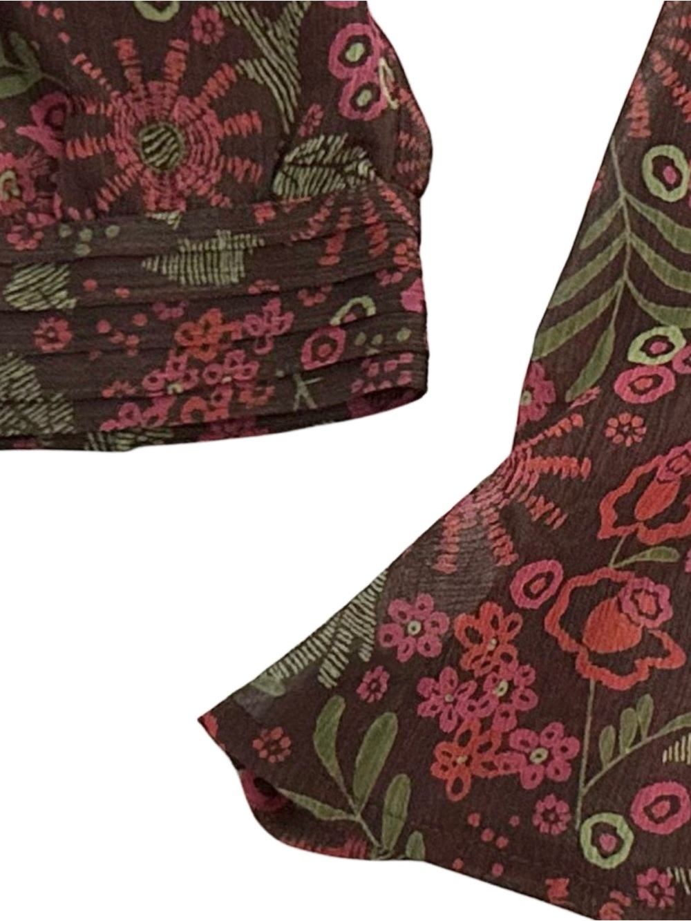 Apt 9 Floral Sheer Blouse Velvet Trim Pintuck Long Sleeve Brown Pink L - Picture 7 of 11